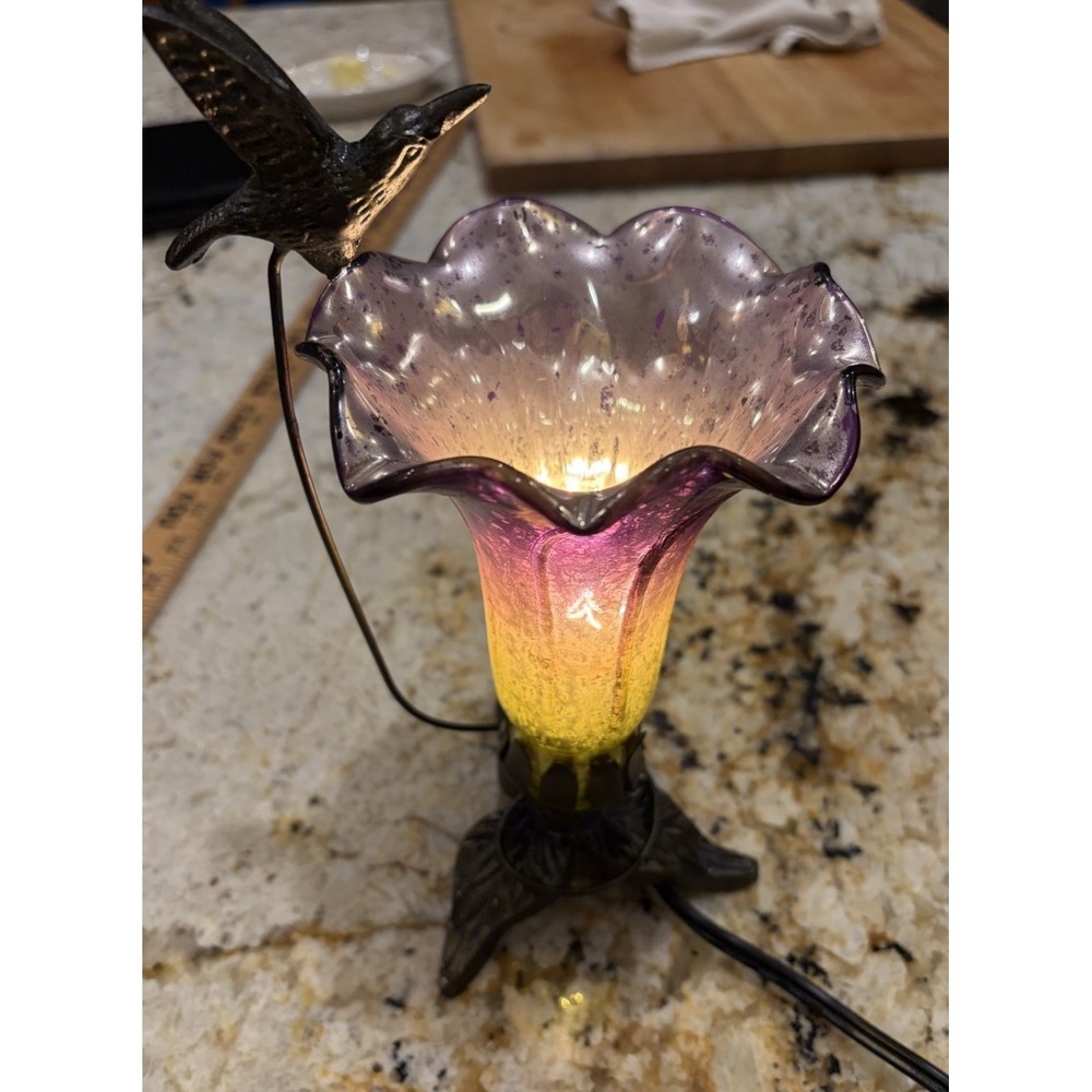 10.5 Inch Hand Blown Mercury Glass Hummingbird Lilly Lamp